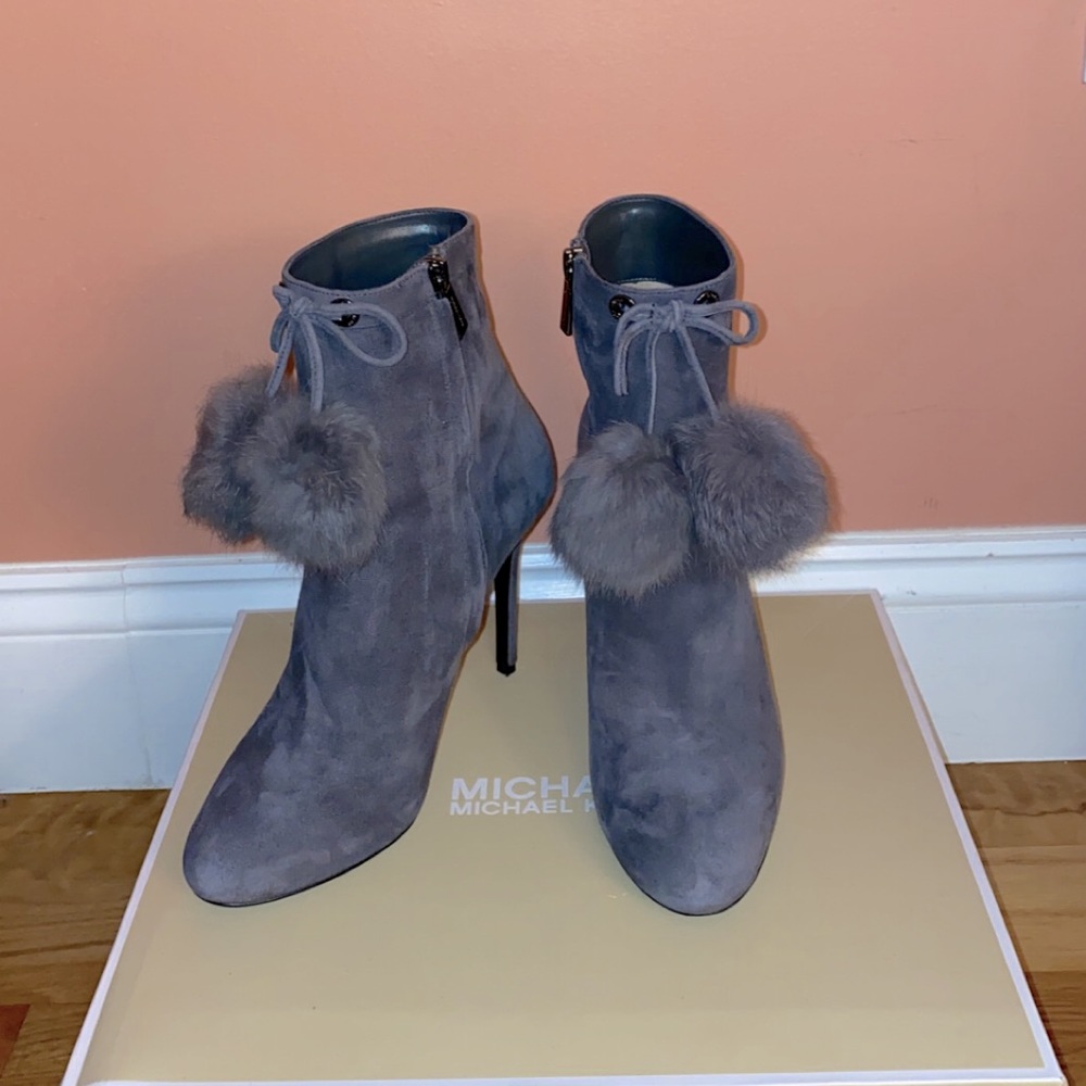 Michael Kors gray bootie with real fur pompoms